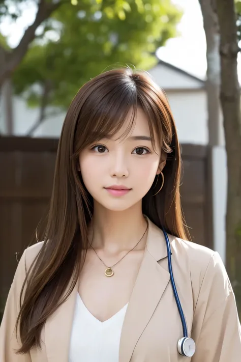 Young woman、 Japanese women、Light brown hair、A necklace around the neck、white、Doctor&#39;s attire、Stethoscope、、smile、Teeth Enhancement、short hair、Wavy Hair、Intricate details, Very detailed:1.2), 、 Looking into the camera,The background is an operating room...