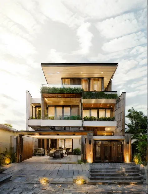 raw photo, outdoor, (residential architecture exterior:1.3), 1 house architecture, (elegant), singapore tropical modern house st...