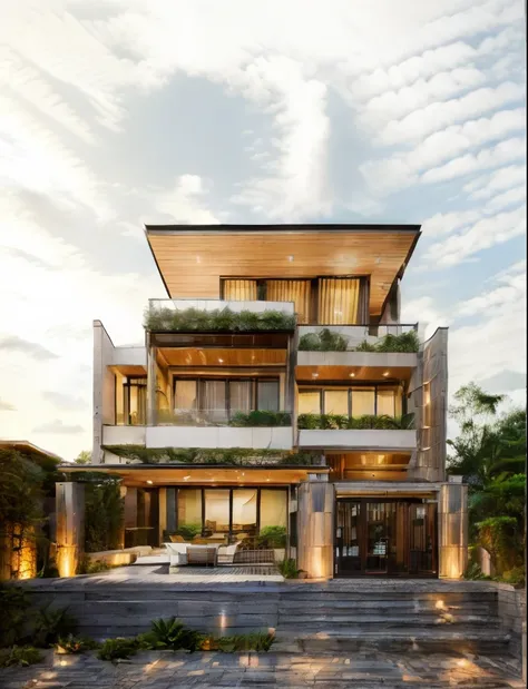 raw photo, outdoor, (residential architecture exterior:1.3), 1 house architecture, (elegant), singapore tropical modern house st...