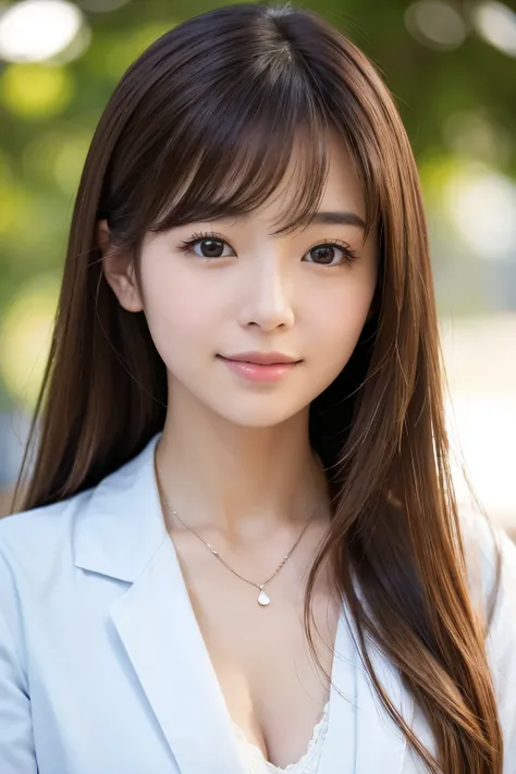 Young woman、 Japanese women、Light brown hair、A necklace around the neck、white、Doctor&#39;s attire、Stethoscope、、smile、Teeth Enhancement、short hair、Wavy Hair、Intricate details, Very detailed:1.2), 、 Looking into the camera,The background is an operating room...