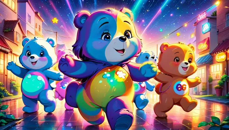 colorful nature plain background, few care bears, dancing care bears, few dancing care bears, care bears wearing street wear, (Ethereal, fluorescent colors, neon lights), aurora_borealis, (masterpiece), best quality, highres, 4k, 8k, cinematic lighting, am...