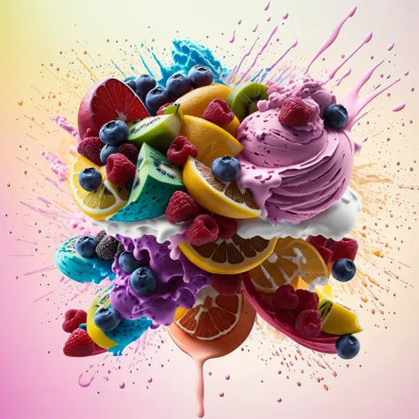 The explosion of fruit ice cream, Highly detailed, Very realistic, Bright environment 