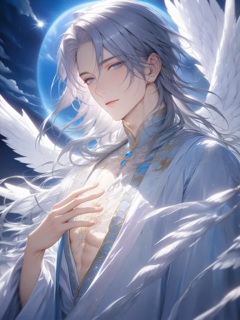 masterpiece,beautiful lighting,1man,male focus,Generate an illustration of a sharp and handsome male angel character, designed for a Japanese female-oriented game. The angel should have a translucent, ethereal quality, with delicate features and striking b...