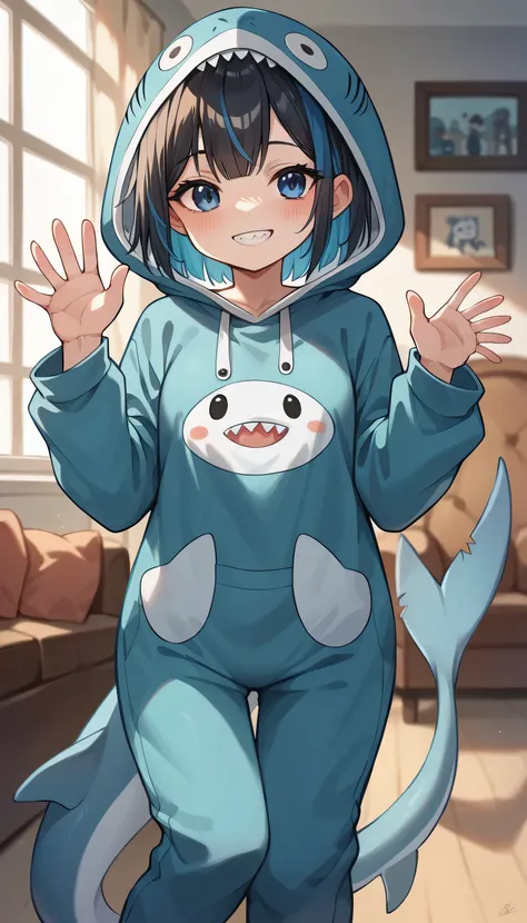 An early adult girl, age 22, dark blue eyes, medium long wolf cut hair, black colored hair, medium sized breast, using a shark onesie,  grinning smile, blushing, one hand waving, in an apartment living room, chibi art style