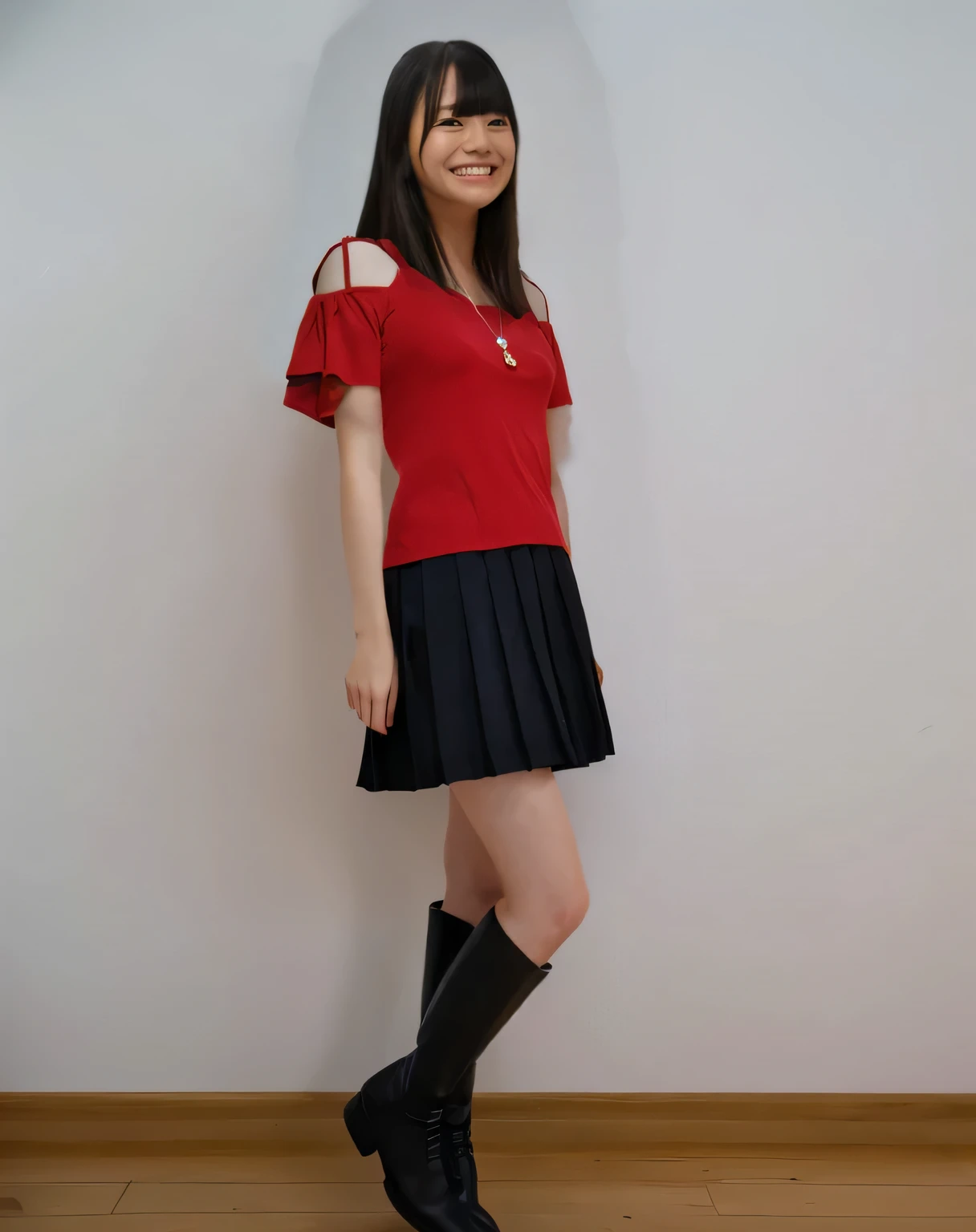 Super detailed,Best Quality,1 female,Standing in a room with white walls,Looking to the side and looking at me,She is wearing a short-sleeved red top,Black pleated mini skirt,Black boots,Posing for a photo