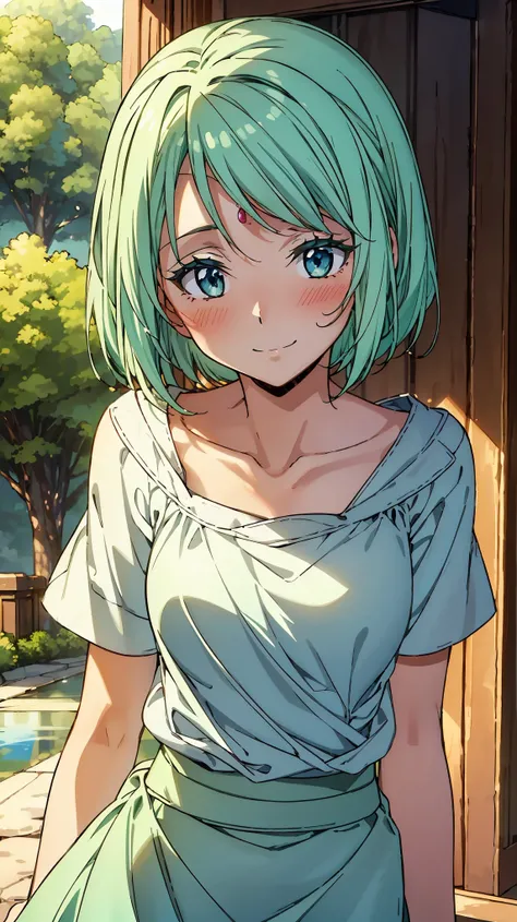 16K、masterpiece、High resolution、((Myulan))、Medium chest、Green Hair、(short hair)、((Summer clothes、White long skirt))、blush、smile、(Angle from below)、