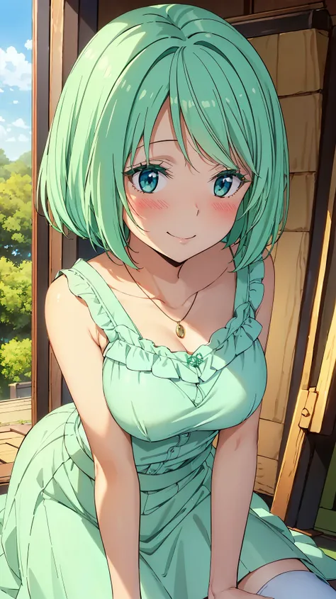 16K、masterpiece、High resolution、((Myulan))、Medium chest、Green Hair、(short hair)、((Summer clothes、White long skirt))、blush、smile、(Angle from below)、