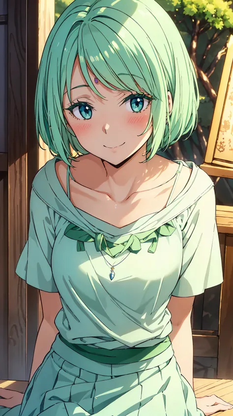 16K、masterpiece、High resolution、((Myulan))、Medium chest、Green Hair、(short hair)、((Summer clothes、White long skirt))、blush、smile、(Angle from below)、