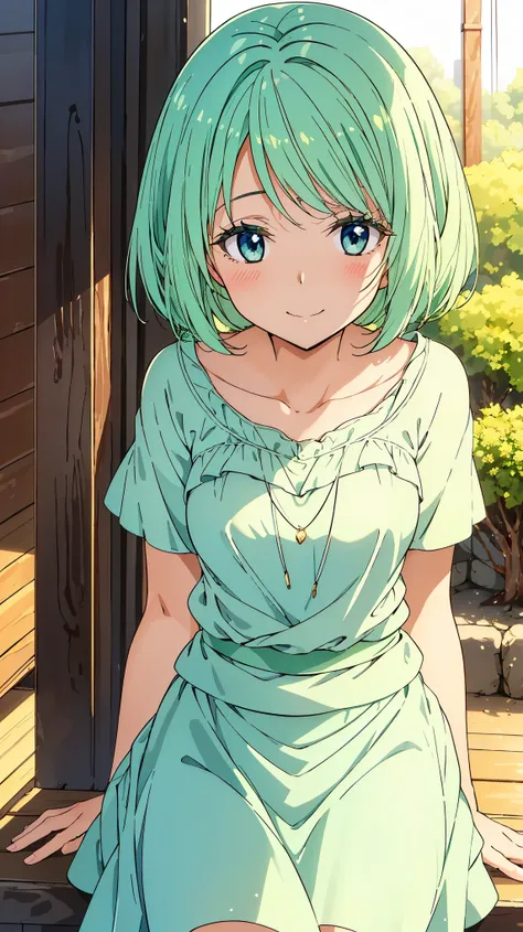 16k、masterpiece、high resolution、((myulan))、medium chest、green hair、(short hair)、((summer clothes、white long skirt))、blush、smile、...