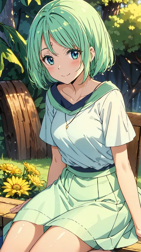 16K、masterpiece、High resolution、((Myulan))、Medium chest、Green Hair、(short hair)、((Summer clothes、White long skirt))、blush、smile、(Angle from below)、