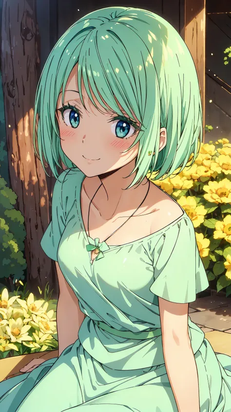16K、masterpiece、High resolution、((Myulan))、Medium chest、Green Hair、(short hair)、((Summer clothes、White long skirt))、blush、smile、(Angle from below)、