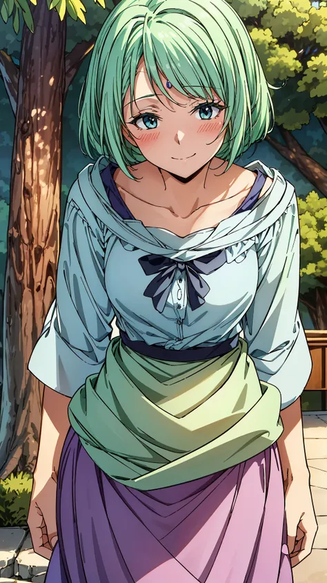 16K、masterpiece、High resolution、((Myulan))、Medium chest、Green Hair、(short hair)、((Summer clothes、White long skirt))、blush、smile、(Angle from below)、