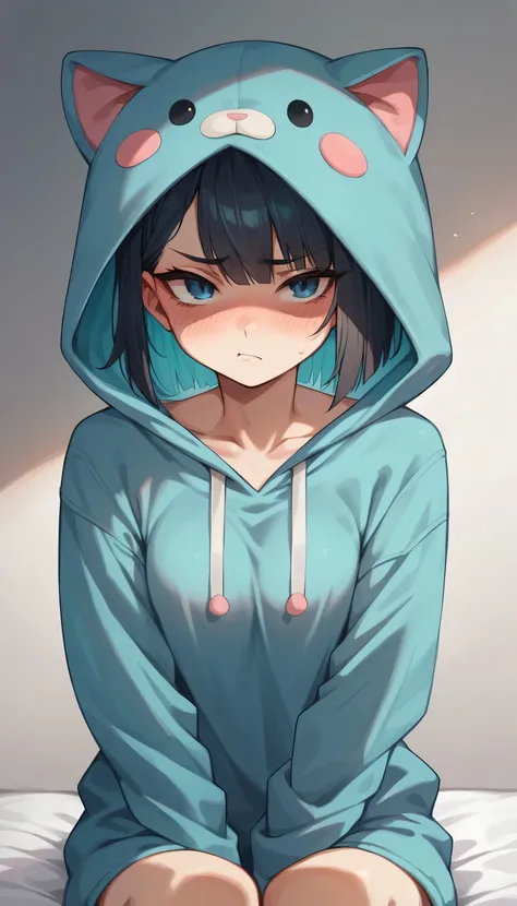 An early adult girl, age 22, dark blue eyes, medium long wolf cut hair, black colored hair, medium sized breast, using a cat onesie, pouting, blushing, in an apartment bedroom, hands clenched down