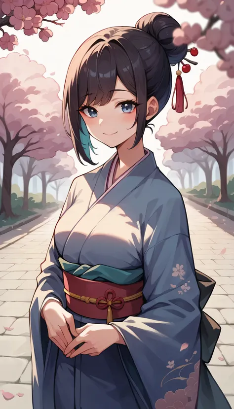 An early adult girl, age 22, dark blue eyes, medium long wolf cut hair, black colored hair, medium sized breast, wearing kimono, wide smile, blushing, cherry blossoms park background