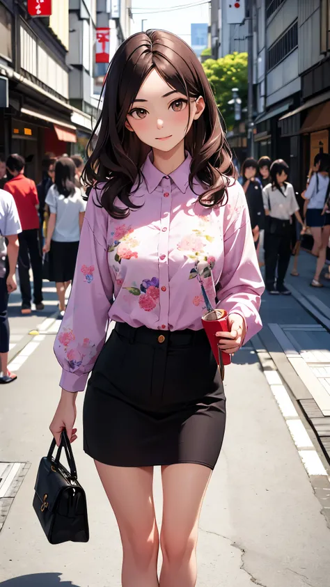 Masterpiece, best quality, Photo of a modern caucasian european woman with wavy dark hair, detailed brown eyes, and a floral shirt on tokyo street