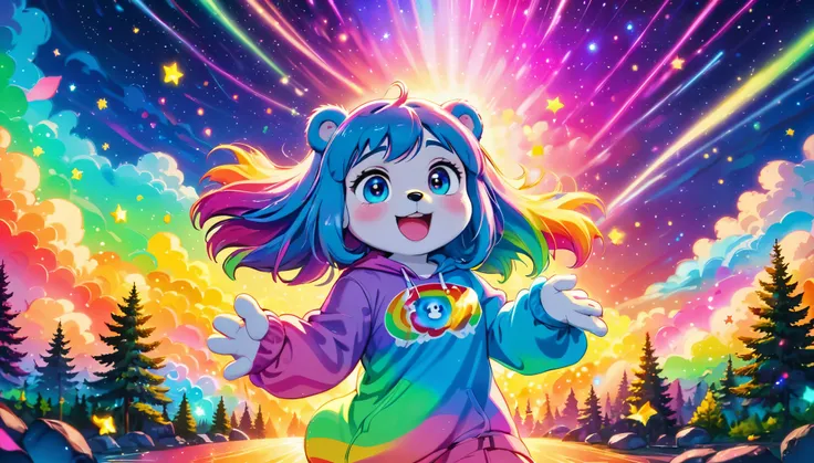 colorful natural plain background, few care bears wearing modern streetwear dancing, (Ethereal, fluorescent colors), aurora_borealis, (masterpiece), best quality, highres, 4k, 8k, cinematic lighting, amazing quality, amazing shading, soft lighting, light p...