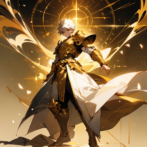 muscular male, short hair, with WHITE armour, golden detail, full body, golden background, palace background. 