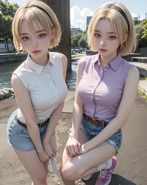 1 woman woman, woman in her 30s, solo, tarankaaa, NOT DASHA TARAN, full body standing, perfect body, best quality, 32k, photograph, full body (head to toe), tone mapping, ((houjou satoko,short hair,black hairband,blonde hair,violet eyes,hair between eyes,c...
