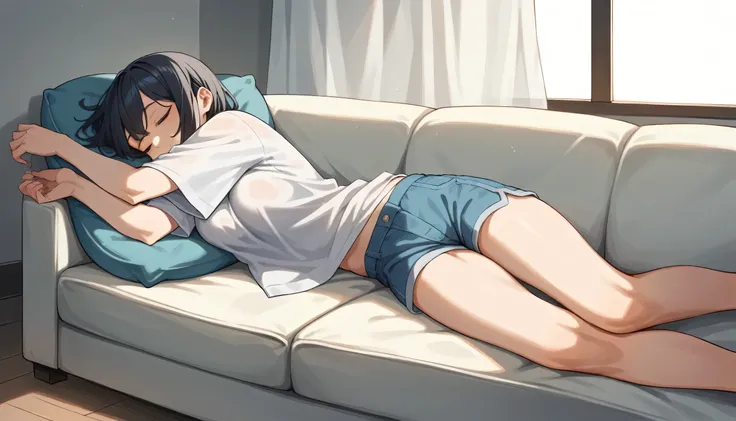 An early adult girl, age 22, 1girl, dark blue eyes, medium long wolf cut hair, black colored hair, medium sized breast, using a plain white colored oversized shirt, wearing short shorts, eyes closed, sleeping on the couch, in an apartment living room