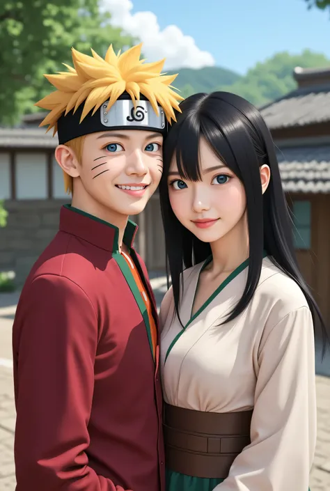 1 man,  uzumaki naruto in anime naruto, short hair, yellow hair, blue eyes, smile, beautiful, orange clothes, realistic clothes, detail clothes, outdoor background, ultra detail, realistic. 1 girl, hinata in anime naruto, long hair, black hair, white eyes,...