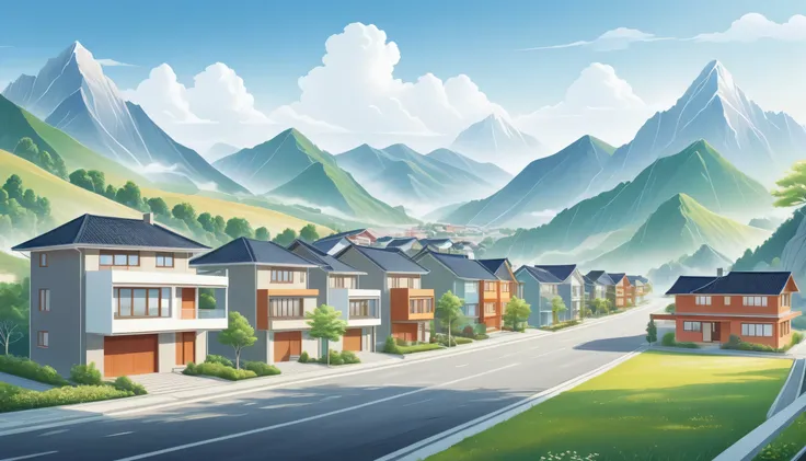 Many modern two-story buildings were built on the flat land between the mountains.,Mass Housing, City, Many buildings, Residential area, Big scene,Clean roads,Mainly line illustrations,Simplicity