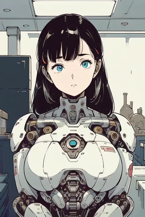 masterpiece, best quality, extremely detailed,  Japaese Cyborg girl,Plump,chubby,control panels,android,Droid,Mechanical Hand, Robot arms and legs, Black Robot Parts,Black hair,Mechanical body,Blunt bangs,White robotics parts,perfect robot girl,future info...