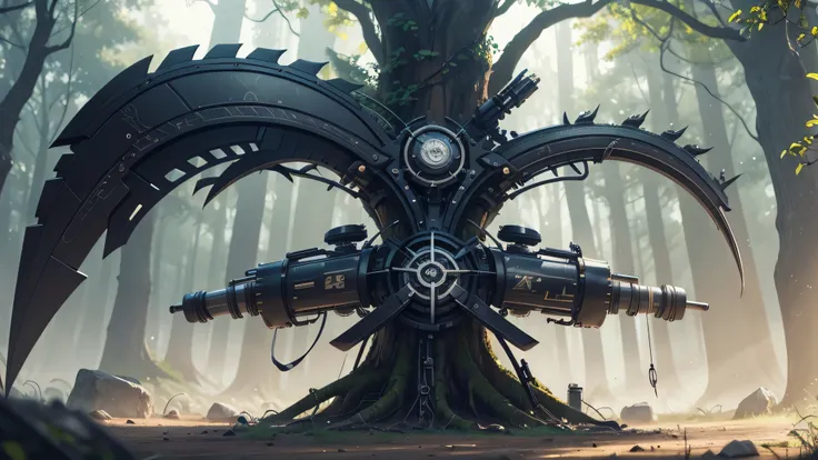 mechanical scythe, metallic tree, technology, details