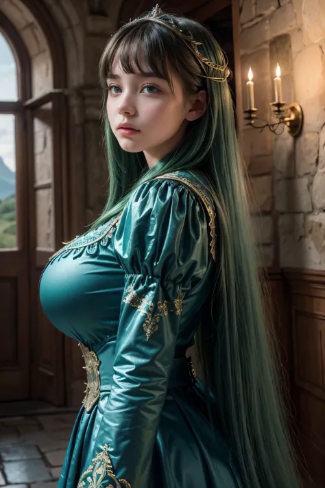 (a beautiful teen girl with gigantic breasts), detailed face, long eyelashes, long front bangs, in a Old Castles of Europe, best quality, 8k, hyperrealistic, photorealistic, professional, masterpiece, dramatic lighting, intricate details, vivid colors,((My...