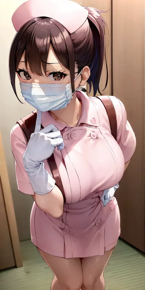 (please redeem:1.3), brown ponytail, black eyes, big breasts, standing, (nurse uniform, one piece, japanese style,),smiling expr...