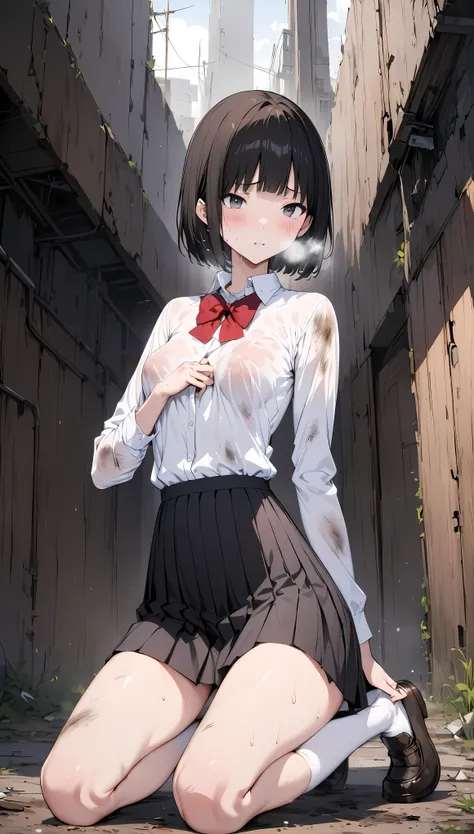 ((masterpiece,Best Quality:1.3,best quality illustrations)),cowboy shot,1 woman,young adult,(short bob cut hair),black hair,very small head:1.2, bangs,gray eyes,(gorgeous eyes),Heavy breathing、very long body,medium breasts,(Dirty clothes、School uniform,red...