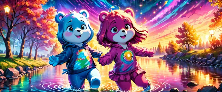 few care bears wearing modern streetwear dancing, colorful natural plain with river background, (Ethereal, fluorescent colors), aurora_borealis, (masterpiece), best quality, highres, 4k, 8k, cinematic lighting, amazing quality, amazing shading, soft lighti...