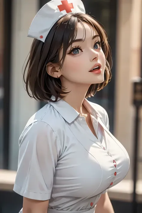 Female Nurse Painting, , (pink skin tone:0.9), look up, Eye contact, (Open your mouth wide:1.0), Muscular body, feminine, (Very big round breasts), Low cut nurse uniform, Beautiful Face, Fuller lips, Slim face, High cheekbones, Muscular, Glamorous Body, Vu...