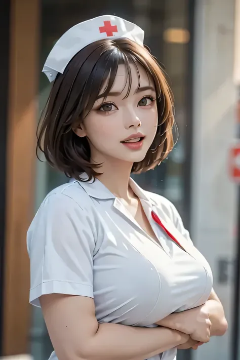 Female Nurse Painting, , (Pink skin tone:0.9), look up, Eye contact, (Open your mouth wide:1.0), Muscular body, feminine, (Very big round breasts), Low cut nurse uniform, Beautiful Face, Fuller lips, Slim face, High cheekbones, Muscular, Glamorous Body, Vu...