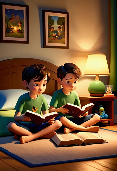 "A heartwarming 3D animated depiction of two  twin boys, Simon and James, sitting together in their bedroom, reading the Bible. Simon, wearing a light green shirt, and James, in a dark blue shirt, both have brown hair, blue eyes, and are sitting on the flo...