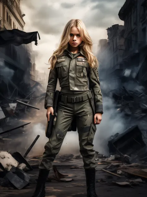 masterpiece, 15yo, best quality, Bubbles, grey urban army uniform, ripped and dirty clothes, blonde  pretty face, insanely detailed eyes, intense look, fighting pose, destroyed city, 