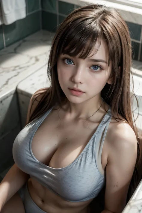 (a beautiful girl), long messy brown hair, head tilted, (best quality,4k,8k,highres,masterpiece:1.2),ultra-detailed,(realistic,photorealistic,photo-realistic:1.37),intricate, detailed portrait,8K,((masterpiece)), ((best quality)), (ultra-detailed), High de...