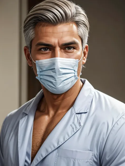 (best quality), 1boy, mature man, tanned skin, silver hair, medium hair, hair loosely combed back, brown eyes, perfect eyes, muscular, handsome, cold expression, doctor coat, scrubs, surgical mask, clean shaven face, masterpiece, anatomically correct, high...