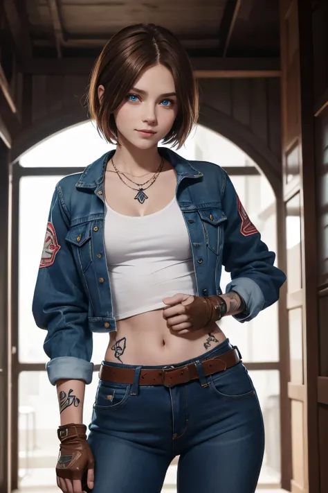 8k,blue eyes, young girl, teenager, red clothes, necklace, brown hair, short hair, pale skin, white skin with blue-line tattoos, tattoos everywhere, flat chested, denim jacket ,shirt, jeans, pants, big butt, long gloves, bracers, glowing eyes, glowing pupi...