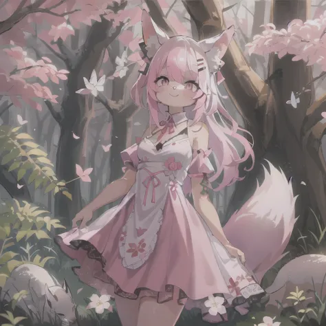 1girl, (furry:0.7), pink hair, pink eyes, white hairpin, fox ears, pink skin, digital art, luminous pupils, render, shes happy, pink dress, kawaii, (she pulls up her dress:1.5), looking at viewer, pink forest, sakura tree