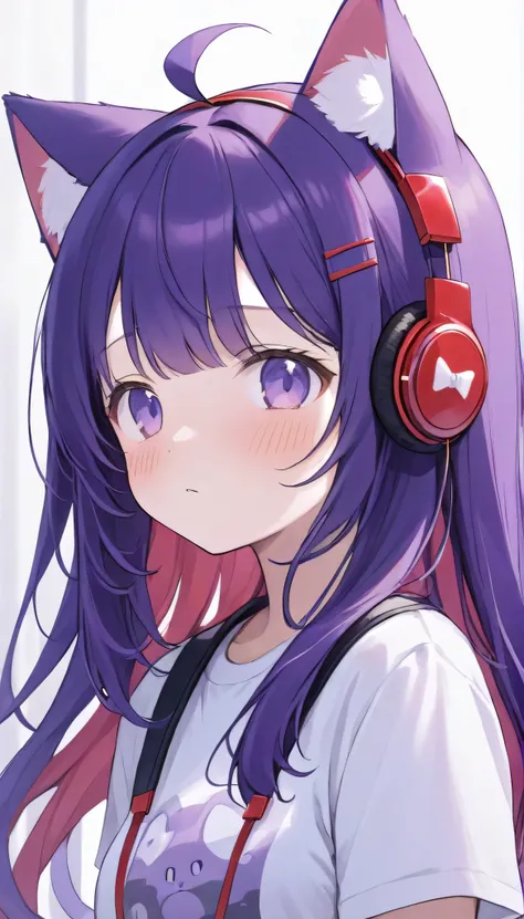""1girl, animal ears, bangs, blush, cat ears, closed mouth, hair ornament, headphones, long hair, purple hair, red tips hair, t-shirt, upper body""