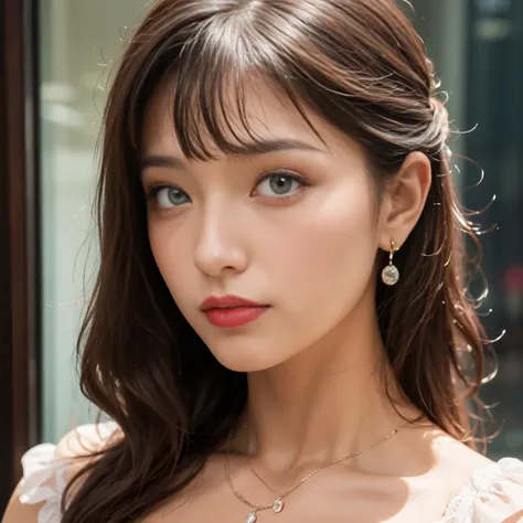 Perfect pink eyes, Great face, Indian, Beautiful appearance, ((Red lips, Bright Eyes)), ((Beautiful details Very large breasts )), (Huge, non-saggy breasts),  A radiant beautiful face, 美しい顔Bright Eyes,  Updo Elegant Hair,  Facial details 8K resolution,  Br...