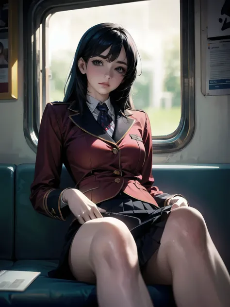 "(masterpiece, High resolution, Ultra High resolution, 4K) Black Hair, Japanese Girls , Uniform skirt, Accentuate your thighs, White Rhinoceros, Soft thighs, Great thighs, Sitting on a train, Facing angle, (Angle from below),sitting on a train seat,sitting...