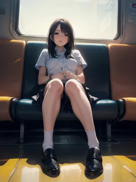 "(masterpiece, High resolution, Ultra High resolution, 4K) Black Hair, Japanese Girls , Uniform skirt, Accentuate your thighs, White Rhinoceros, Soft thighs, Great thighs, Sitting on a train, Facing angle, (Angle from below),sitting on a train seat,sitting...