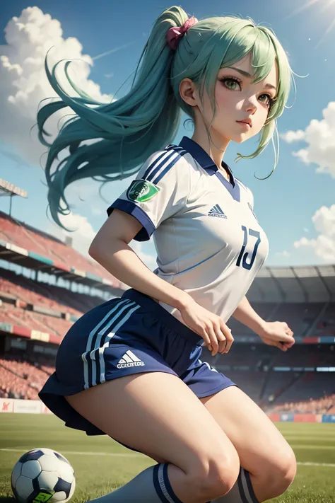 anime girl , green blue hair, soccer uniform