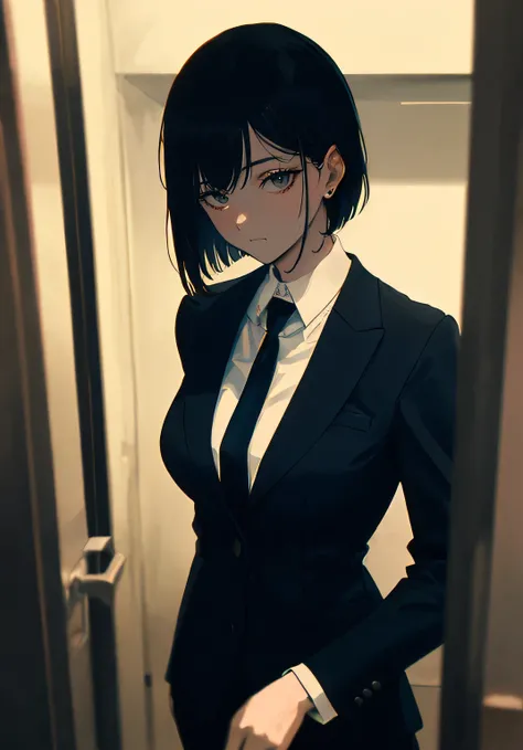 Anime style, a female mafia boss, a woman with short black hair, wearing a black suit jacket, formal trousers, and a neatly tied necktie, glaring intensely with a sharp and piercing gaze, dark brown eyes, standing confidently, only the upper body shown in ...