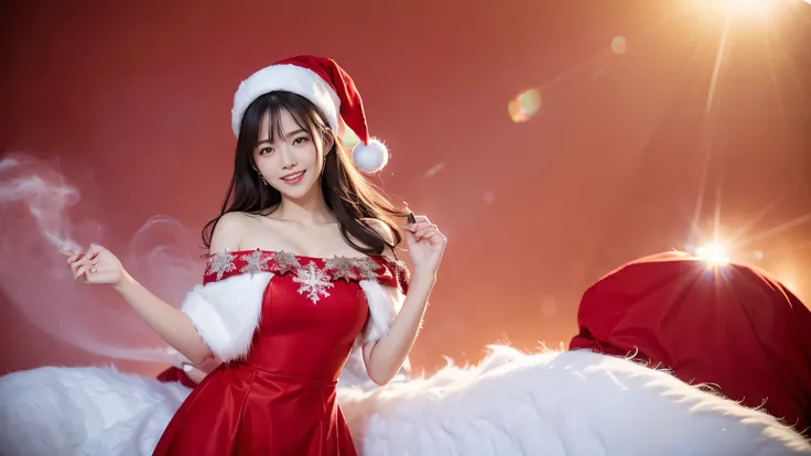 DV_Enthusiastic pose, Chuan Ning (Off-the-shoulder red Christmas dress，Decorated in white:1.3) ((red christmas hat ,White fur trim,)) ((Cinematic)) (Pink theme) (Red Wall, Christmas tree, Christmas lights, Red smoke bombs:1.3) (35mm, F/2.8) (Extremely deta...