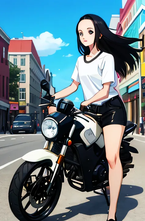 1girl, cute, forehead, middle parted hair, long hair, straight hair, black hair, black long sleeve shirt, black belt, black shorts, riding a motorcycle, street, City, high quality, masterpiece