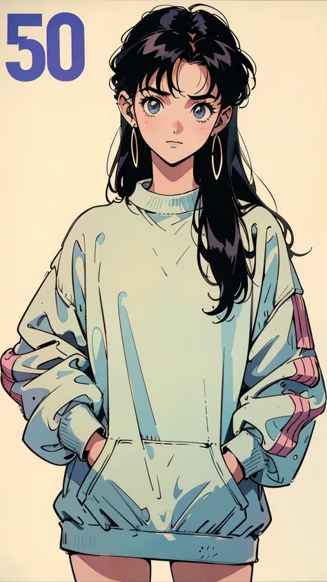 Best image quality, 90s style anime, A 20-year-old girl, whole body, Best pose, Black Hair, Long Hair, Light grey eyes, A faint smile, Wear loose fitting sweatshirts, Headphones, 90s Fashion, White background