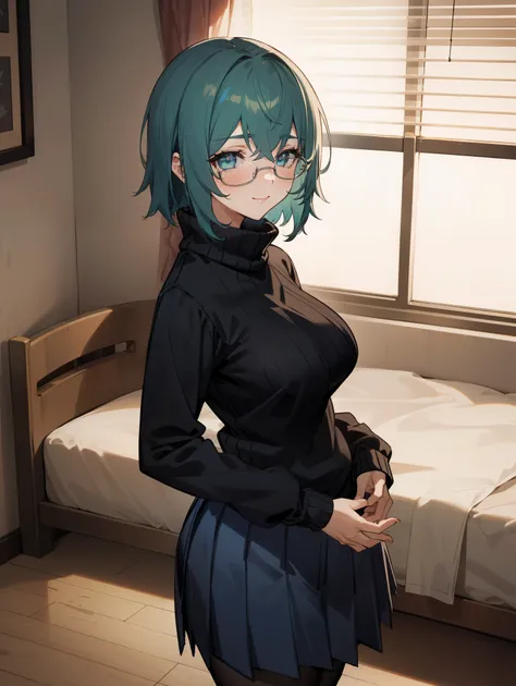 1girl,  green hair, green eyes, big tits, mature woman,
BREAK glasses, ((black sweater:1.2), long sleeves, pleated skirt, blue skirt, black pantyhose:1.2),
BREAK standing on bedroom,dark bedroom,night,prostitute,mistress,seductive smile,
BREAK (masterpiece...