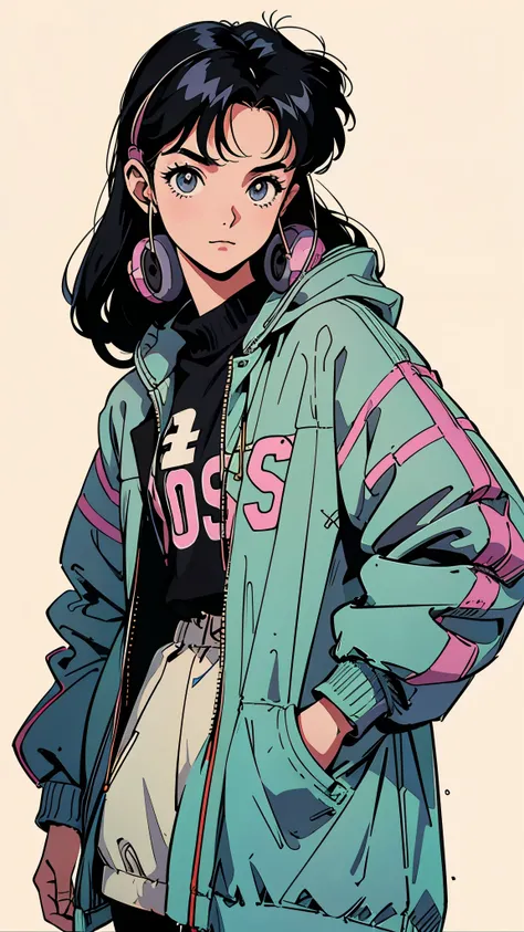 Best image quality, 90s style anime, A 20-year-old girl, whole body, Best pose, Black Hair, Long Hair, Light grey eyes, A faint smile, Wearing a loose parka, Headphones, 90s Fashion, White background